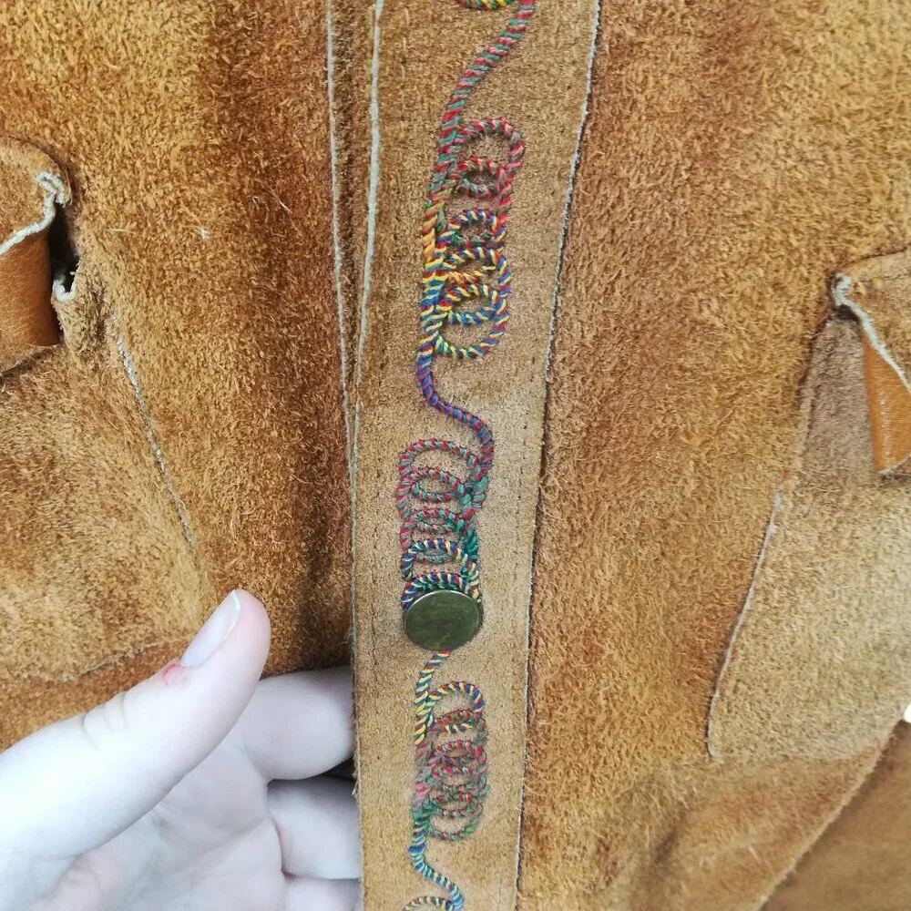 Vintage Suede Embroidered Snap Western Jacket Shirt Size XL Brown Rainbow Collar
